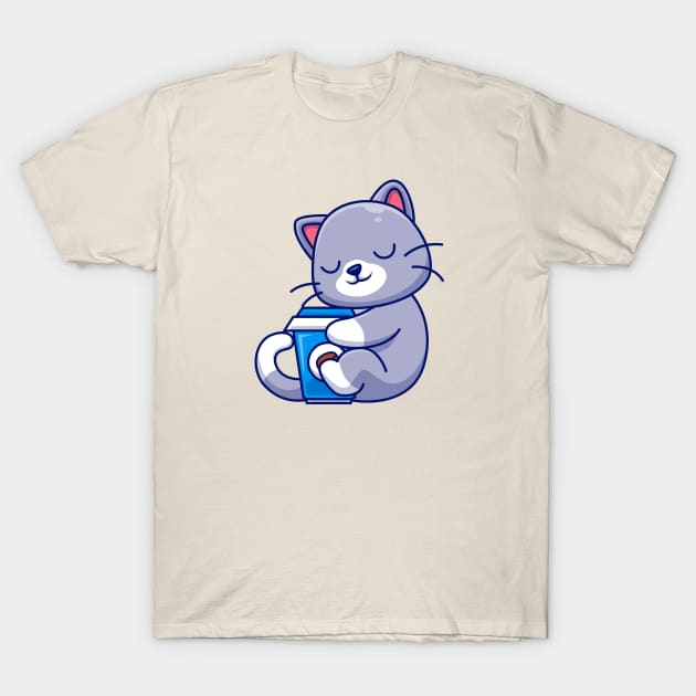 Cute Cat Hug Coffee Cup Cartoon T-Shirt by Catalyst Labs